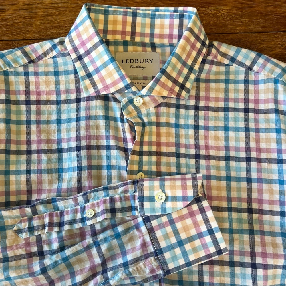 LEDBURY Plaid Long Sleeve Men’s Dress Shirt Classic Fit Multicolor Cotton Large